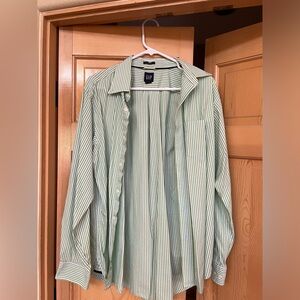GAP Shirt Mens Medium Green White Stripe Long Sleeve Button  All Cotton